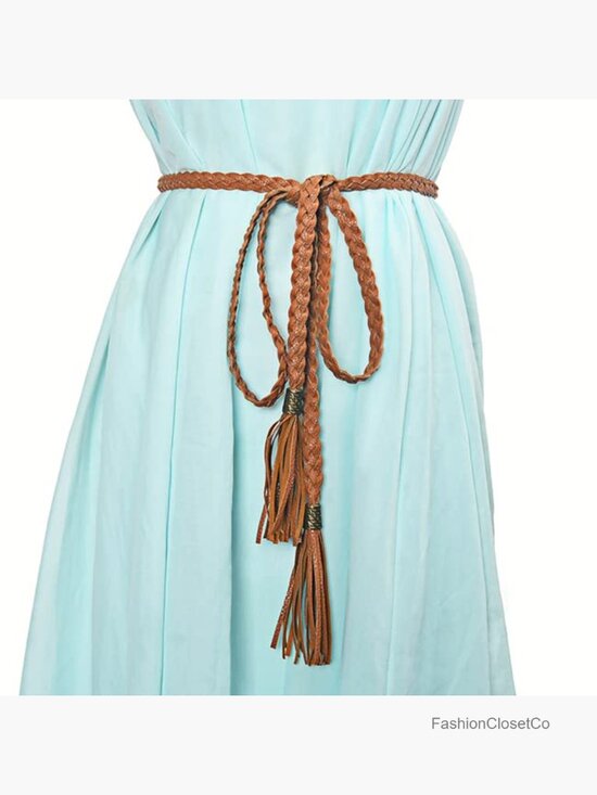 Tassel Braided Rope Belt PU Leather Thin Woven Boho Waistband for Dress Jeans main image 3